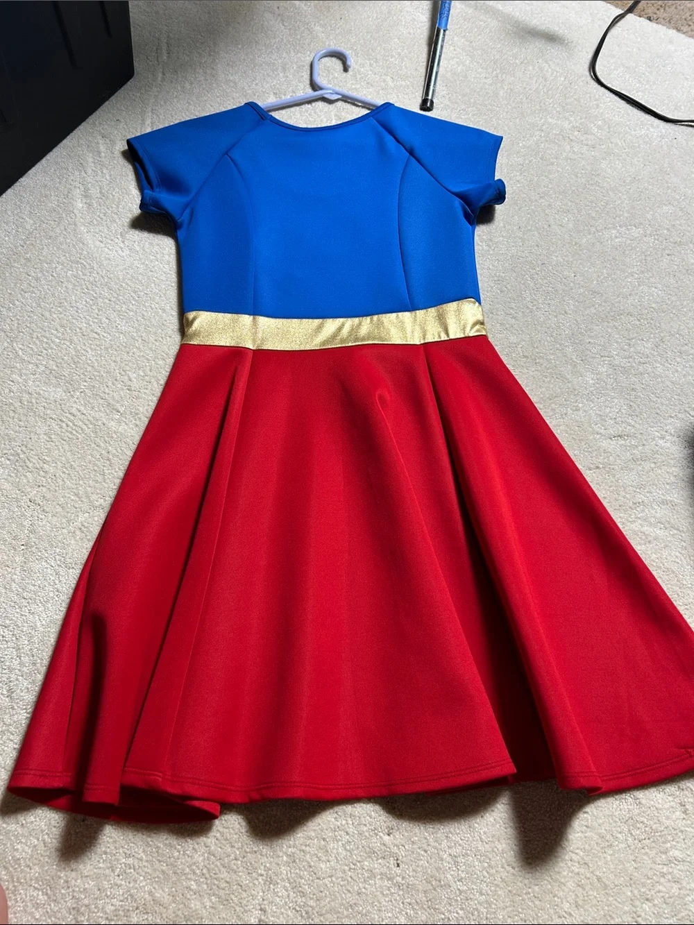 Women’s Blue and Red Superhero Costume Dress with Gold Accents